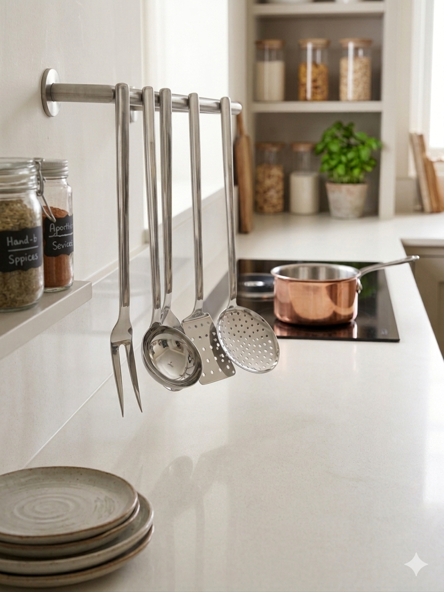 Set Utensili da Cucina Professionali in Acciaio Inox – Design "Hook-On" Senza Fori