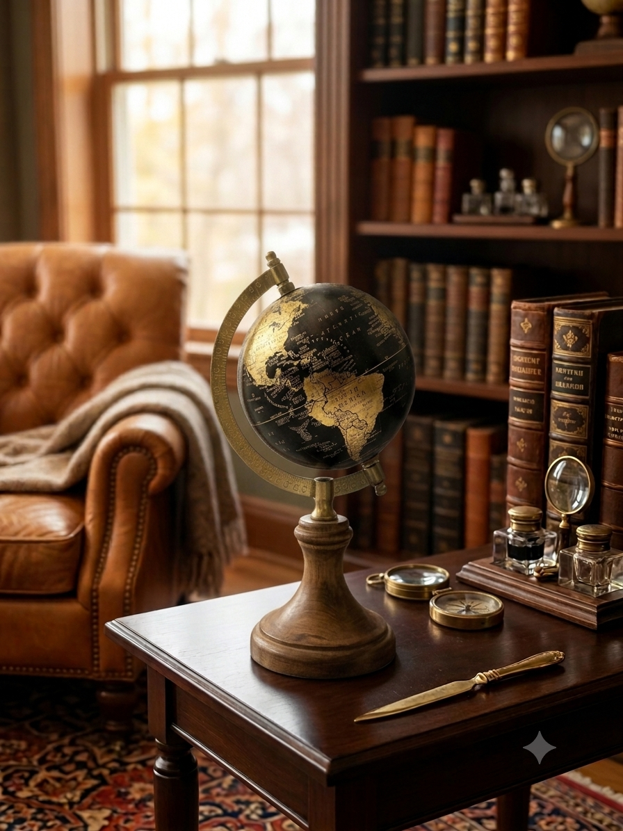Mondo Mappamondo da Tavolo Vintage – Nero e Oro con Base in Legno