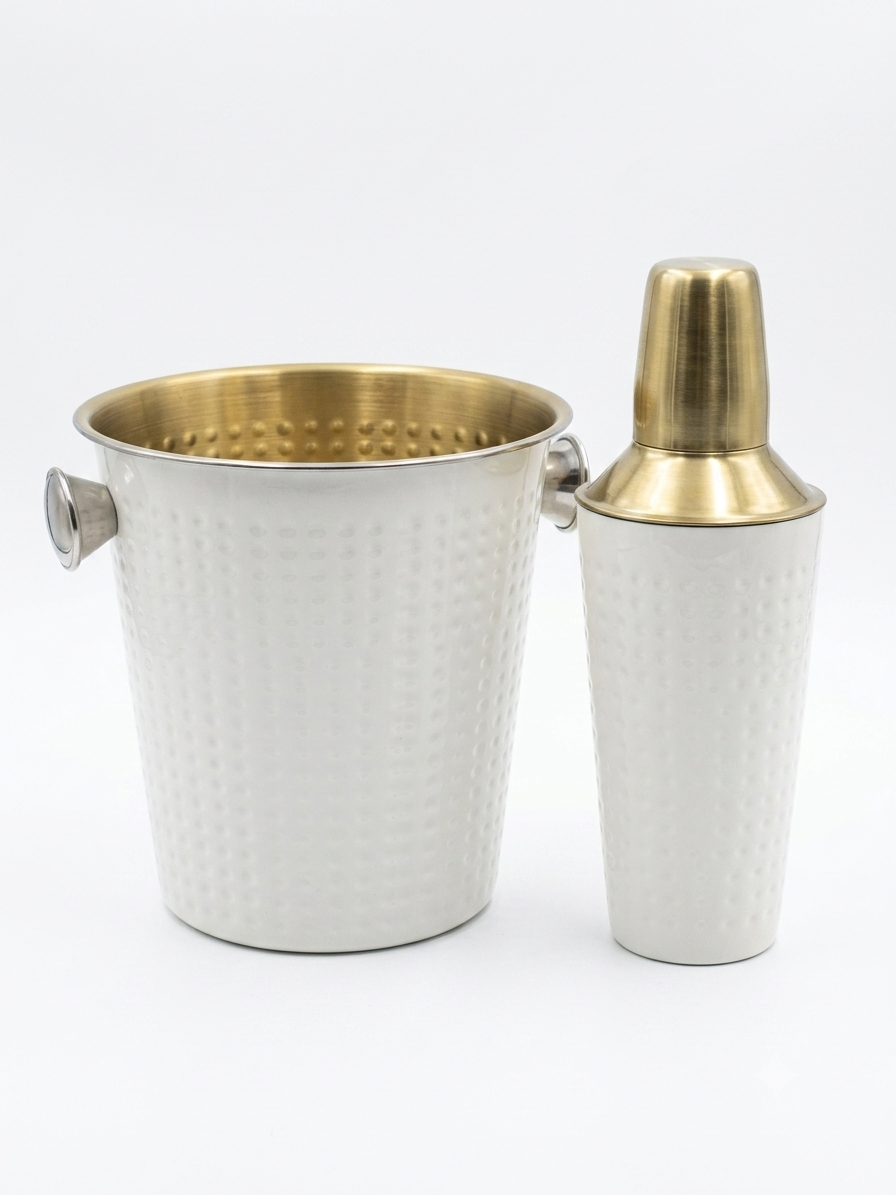 Set Cocktail Etnico-Chic: Shaker & Secchiello per Ghiaccio in Acciaio e Bronzo