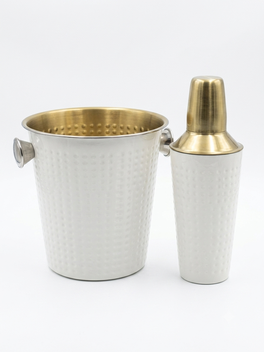 Set Cocktail Etnico-Chic: Shaker & Secchiello per Ghiaccio in Acciaio e Bronzo