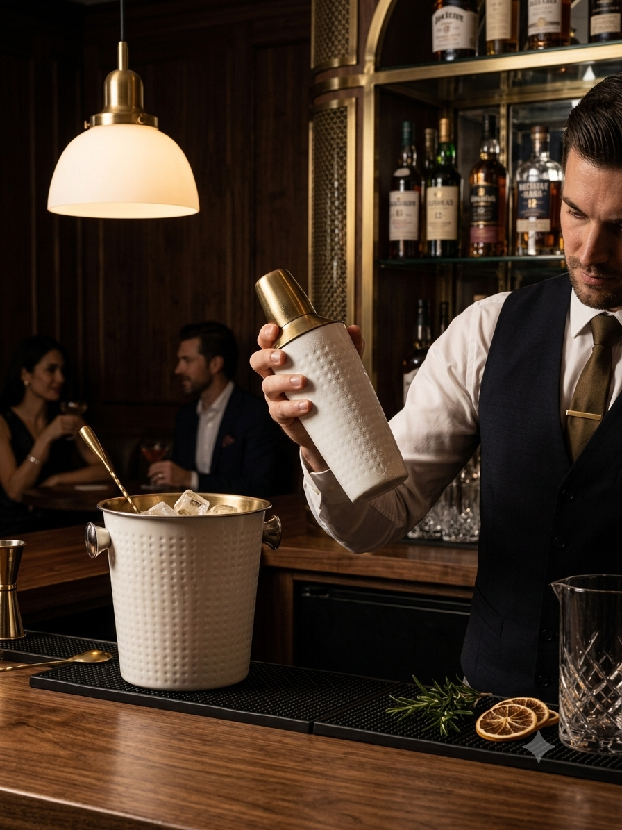 Set Cocktail Etnico-Chic: Shaker & Secchiello per Ghiaccio in Acciaio e Bronzo