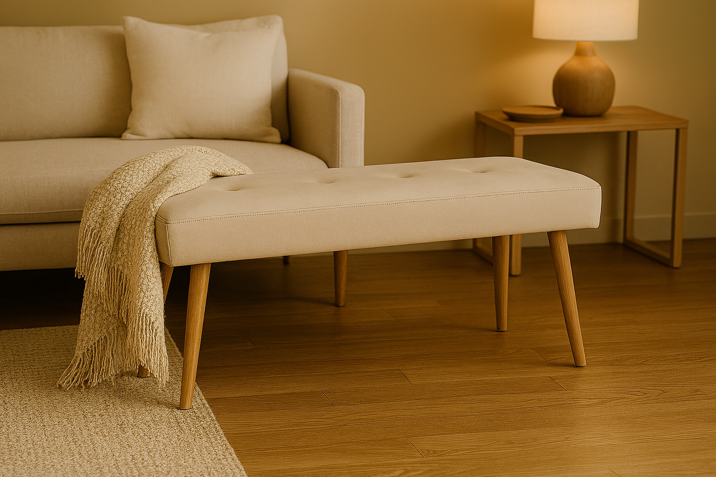 Panca in velluto con gambe in legno