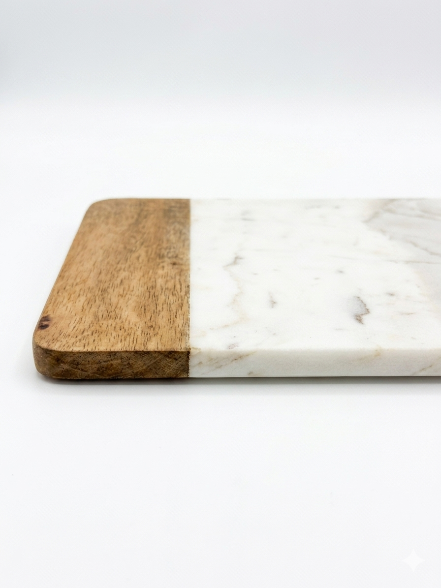 Tagliere Gourmet in Marmo Bianco e Legno di Rovere