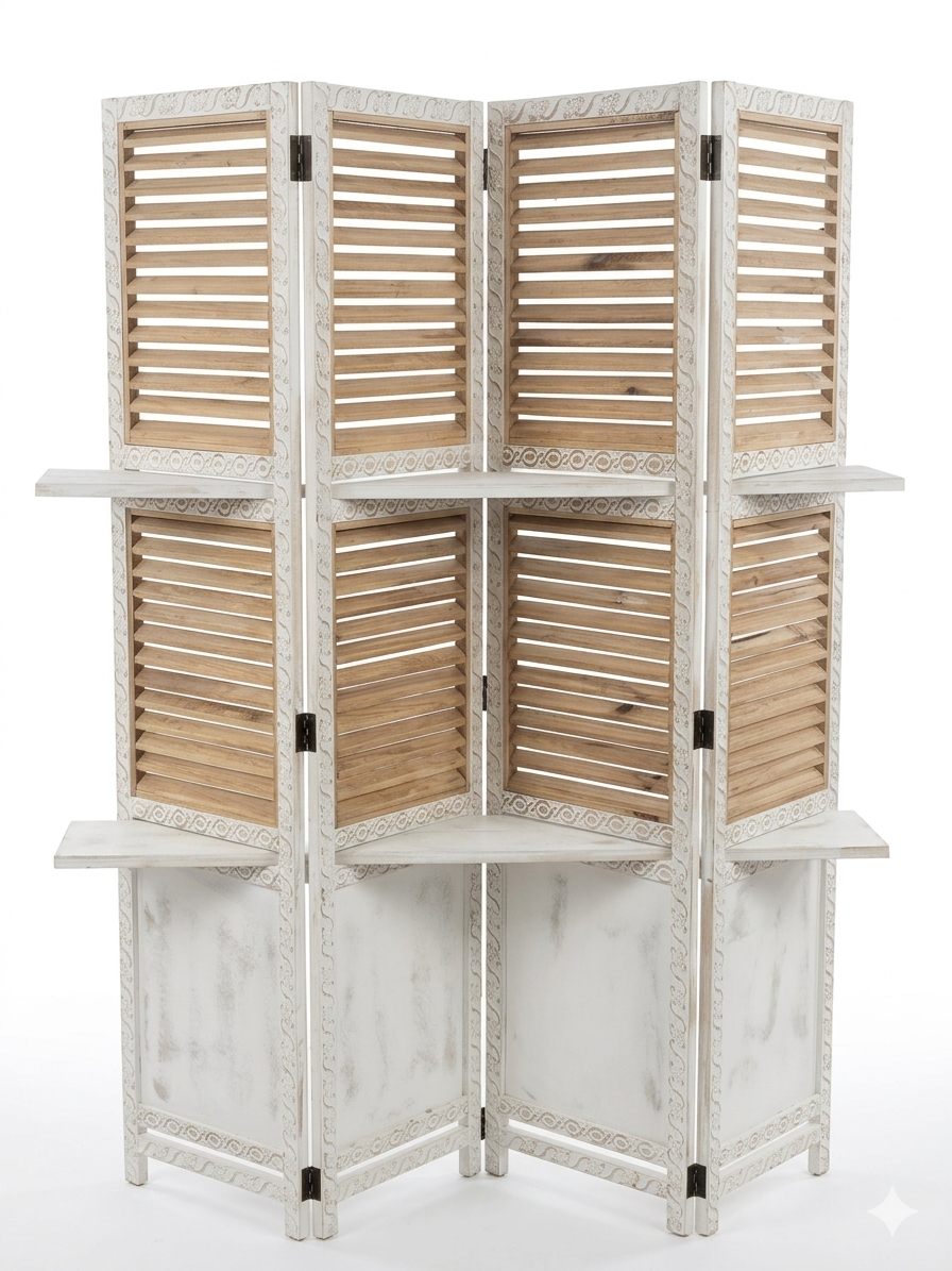 Separè Divisorio a 4 Ante con Ripiani – Stile Shabby Chic e Industrial