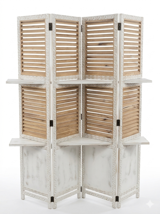 Separè Divisorio a 4 Ante con Ripiani – Stile Shabby Chic e Industrial