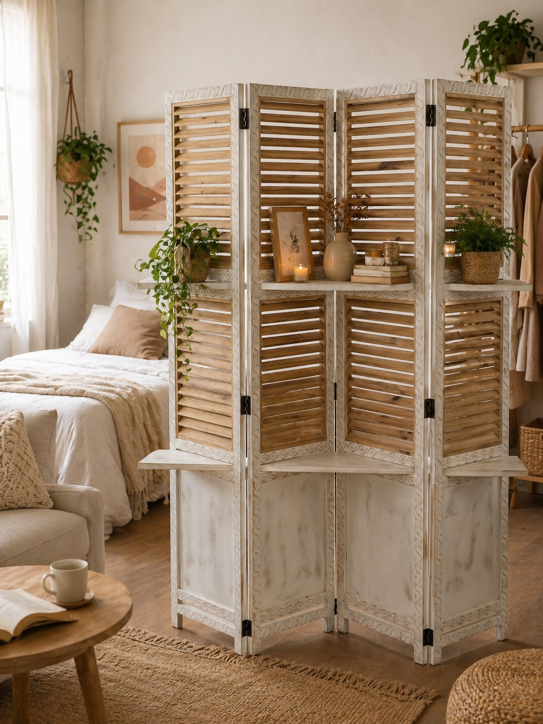 Separè Divisorio a 4 Ante con Ripiani – Stile Shabby Chic e Industrial