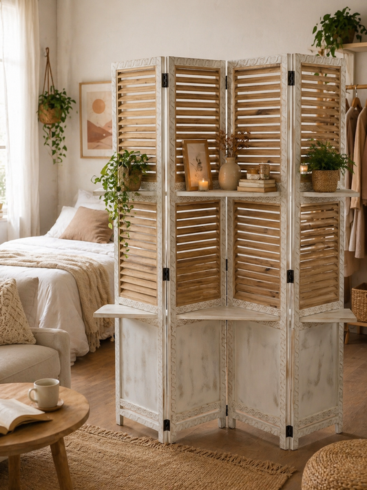 Separè Divisorio a 4 Ante con Ripiani – Stile Shabby Chic e Industrial