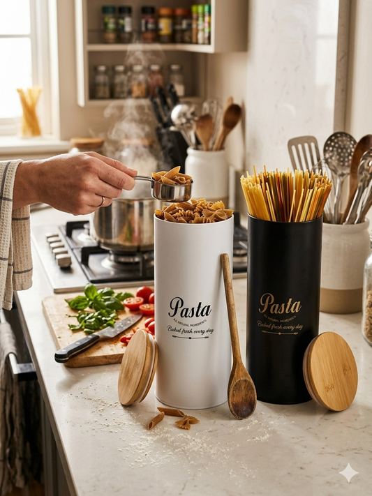 Set Barattoli Porta Pasta in Metallo con Coperchio in Bamboo – Design Minimal ed Elegante