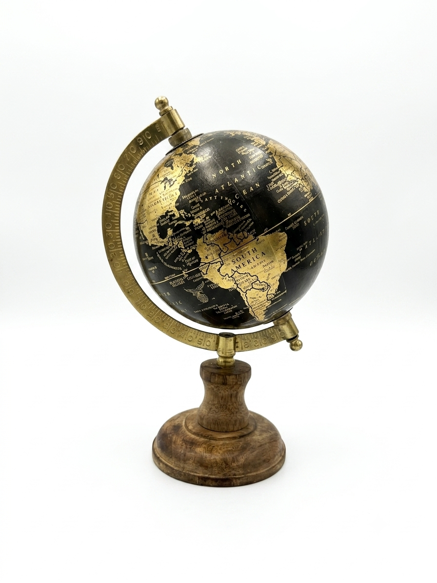 Mondo Mappamondo da Tavolo Vintage – Nero e Oro con Base in Legno