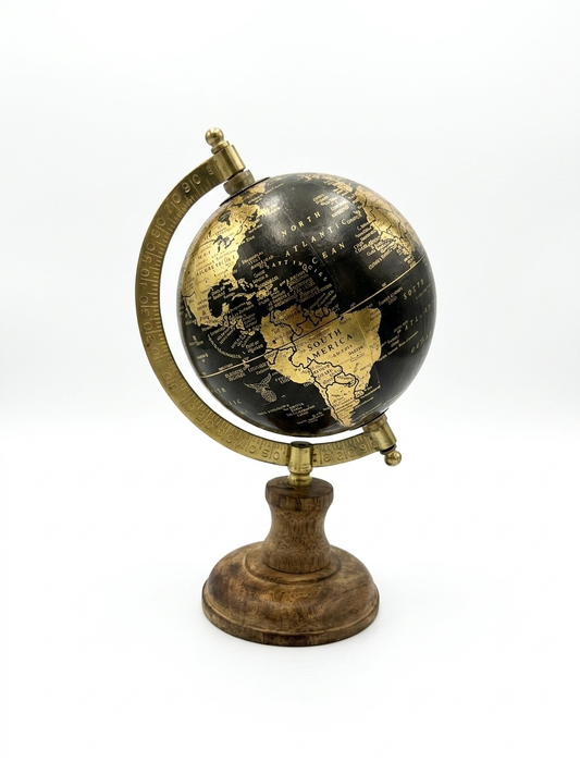 Mondo Mappamondo da Tavolo Vintage – Nero e Oro con Base in Legno