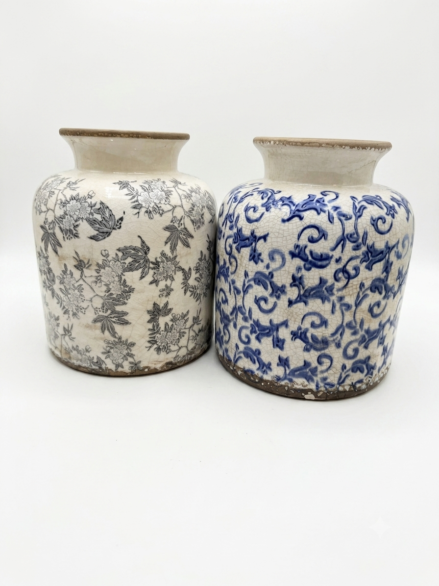 Coppia di Vasi in Ceramica Brunita con Effetto Crackle e Fantasia Floreale