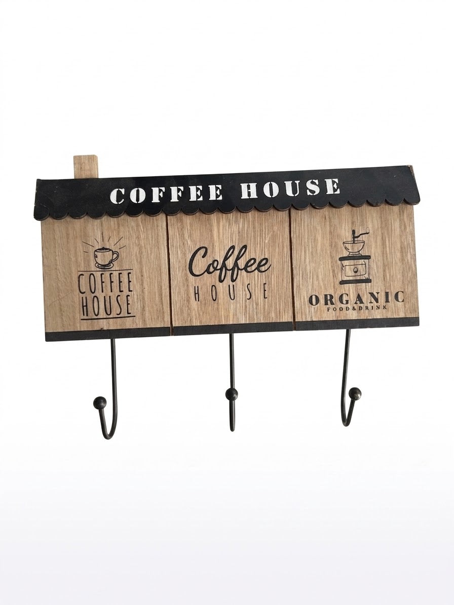 Appendiabiti da Parete Rustico "Coffee House" in Legno e Metallo – 3 Ganci per Tazze e Cucina
