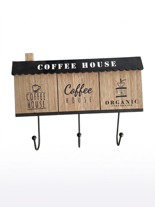 Appendiabiti da Parete Rustico "Coffee House" in Legno e Metallo – 3 Ganci per Tazze e Cucina