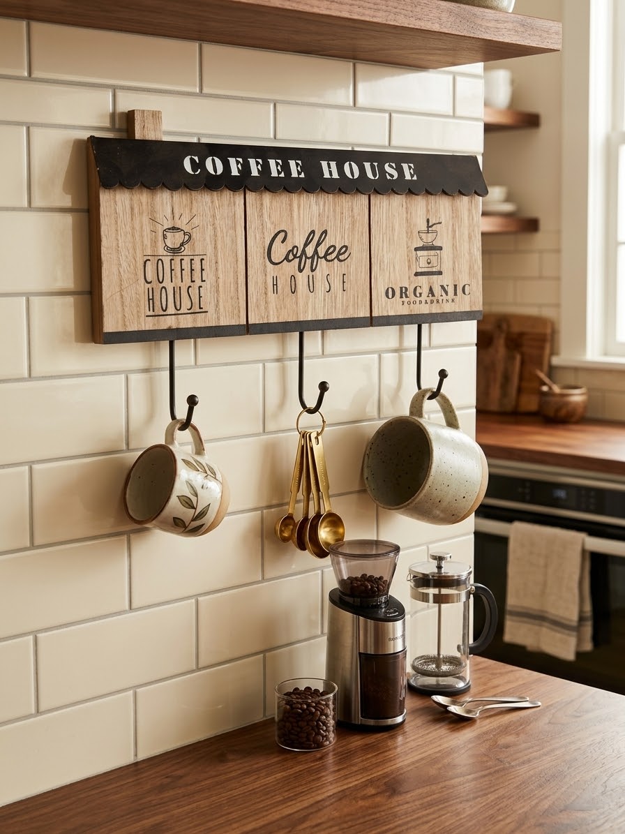 Appendiabiti da Parete Rustico "Coffee House" in Legno e Metallo – 3 Ganci per Tazze e Cucina
